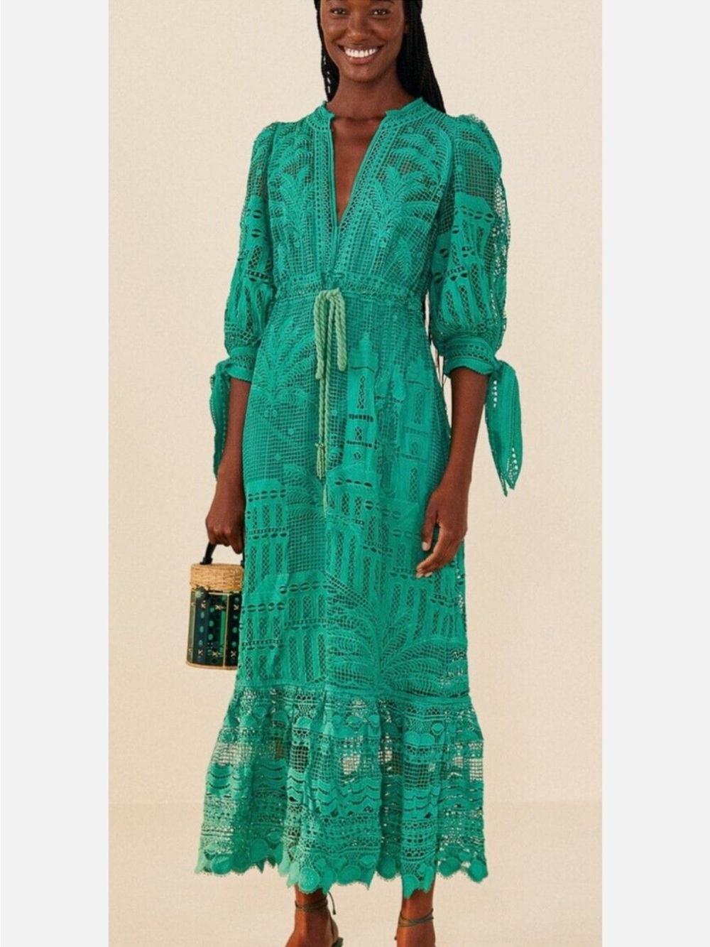 NWOT Farm Rio Green Morada Boa Guipure Dress with Slip Dress Underneath SOLD OUT - Picture 1 of 13